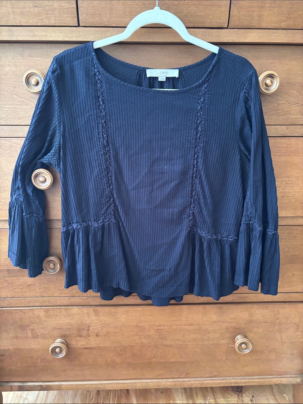 LOFT Navy Peplum Ruffle Trim Long-Sleeve Top